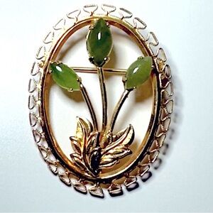 Vintage Genuine Jade 12K Gold Filled Filigree Brooch Floral Spray Mcm